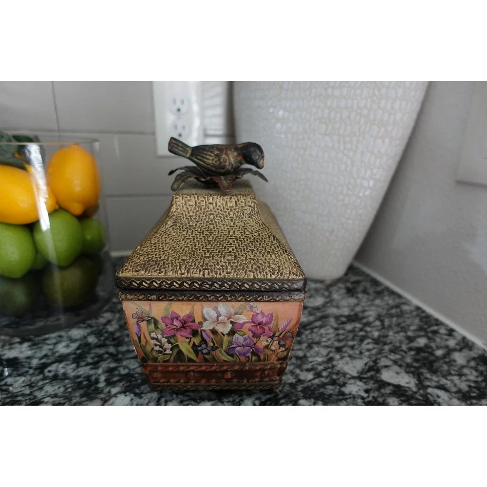 vintage woven‎ metal bird basket trinket storage with lid